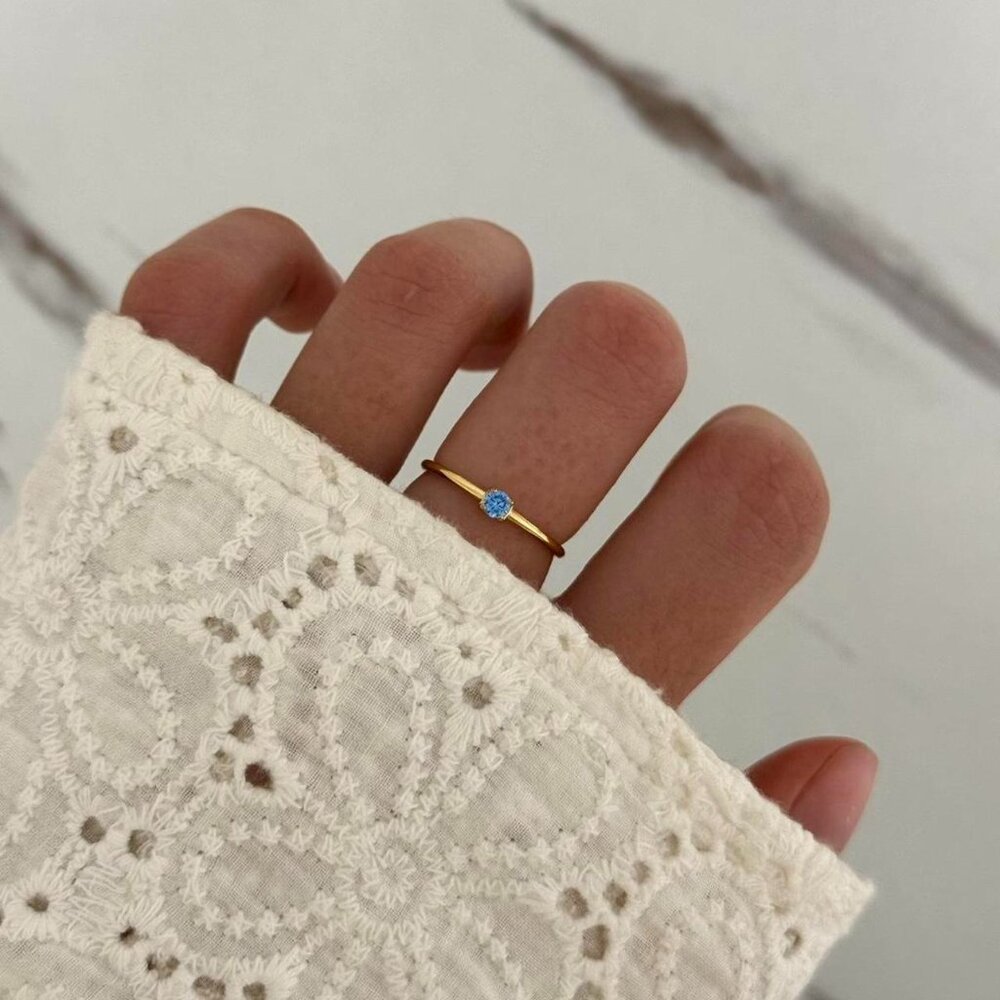 SKU:0219 gold ring with sky‎ blue zircon stone vintage vibe Stainless steel